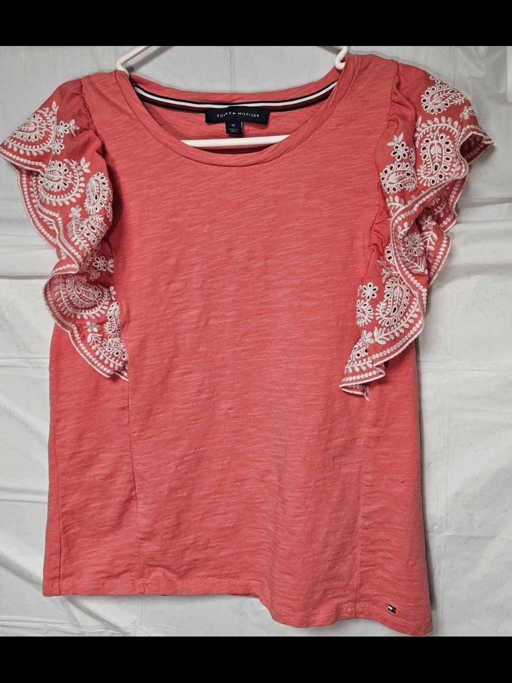 Tommy Hilfiger M Coral Short Sleeve Tee with White Eyelet Ruffle Sleeves